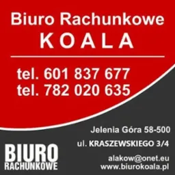 Grafika z nazwą 'Biuro Rachunkowe KOALA', numerami telefonów, adresem w Jeleniej Górze i adresem e-mail oraz strony internetowej na czerwono-szarym tle.