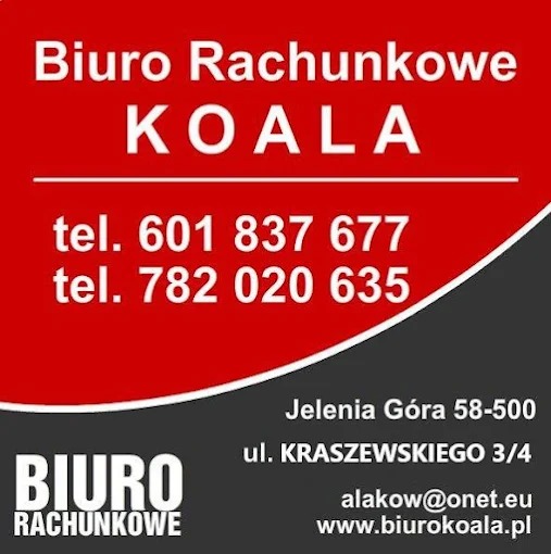 Grafika z nazwą 'Biuro Rachunkowe KOALA', numerami telefonów, adresem w Jeleniej Górze i adresem e-mail oraz strony internetowej na czerwono-szarym tle.