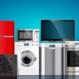 Różnorodny sprzęt AGD: czerwona lodówka, płyta indukcyjna, pralka, zmywarka, mikrofalówka i piekarnik na tle turkusowej ściany. Kompletne wyposażenie kuchni.