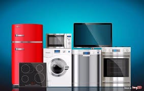 Różnorodny sprzęt AGD: czerwona lodówka, płyta indukcyjna, pralka, zmywarka, mikrofalówka i piekarnik na tle turkusowej ściany. Kompletne wyposażenie kuchni.