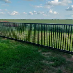 Czarna, metalowa brama przesuwna z pionowymi szczebelkami, na tle zielonego pola i błękitnego nieba z chmurami. Widoczna trawa i fragment drewnianego ogrodzenia.