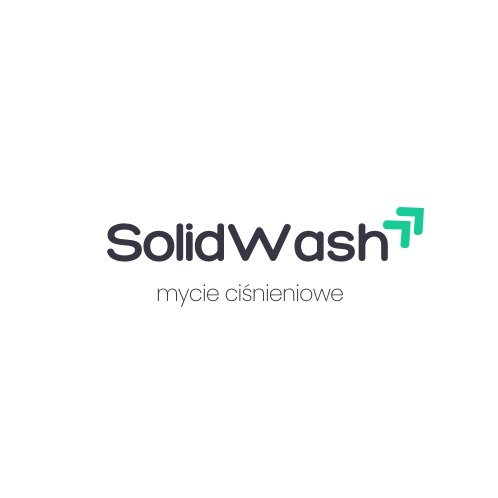 Logo firmy SolidWash: ciemny napis 'SolidWash' z zielonym symbolem strzałek i szarym napisem 'mycie ciśnieniowe' na białym tle.