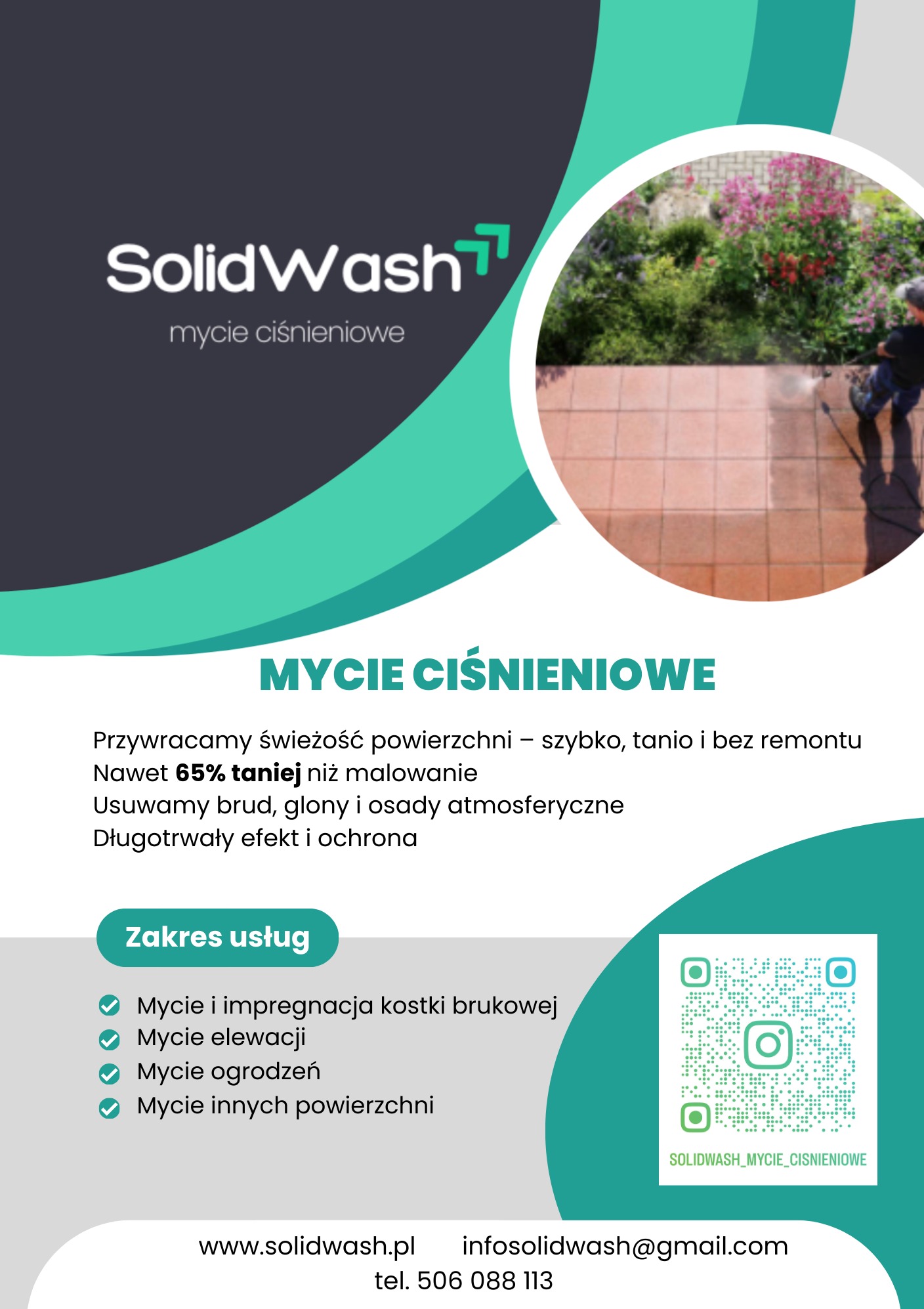 Oferta mycia ciśnieniowego w Knurowie. Grafika z logotypem firmy, zakresem usług i zdjęciem z realizacji: czyszczenie kostki brukowej z zanieczyszczeń.