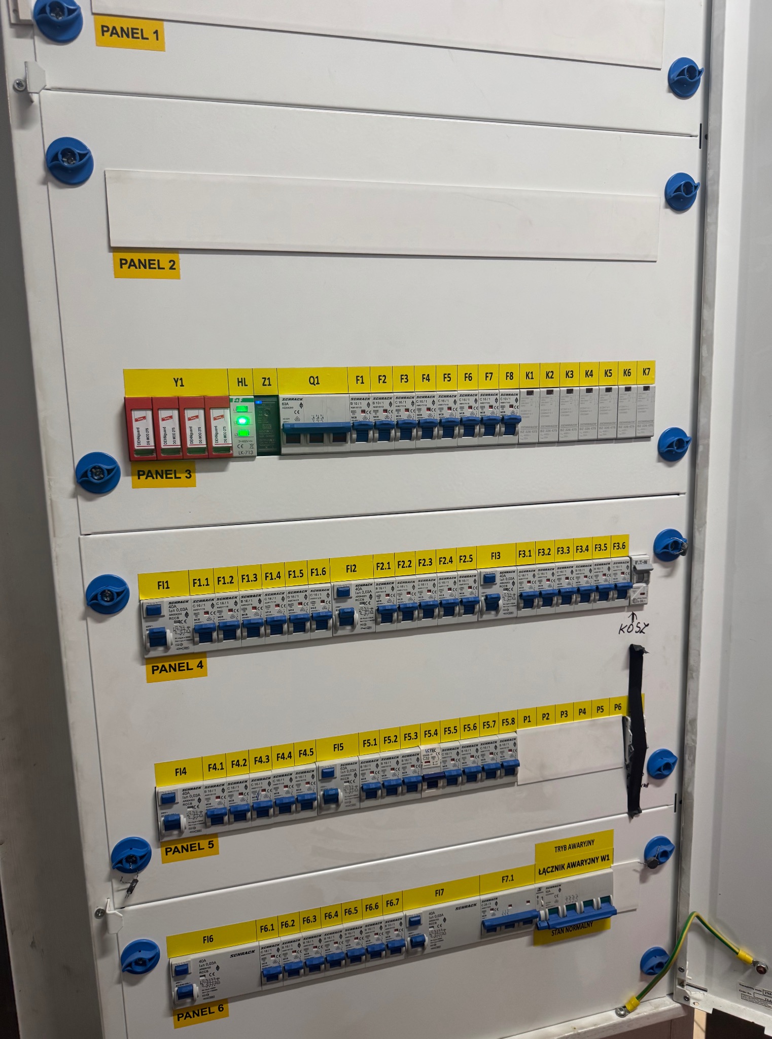 Rozdzielnica elektryczna z bezpiecznikami i oznaczeniami paneli (1-6) oraz opisami obwodów. Widoczne zabezpieczenia przepięciowe i wyłączniki różnicowoprądowe.