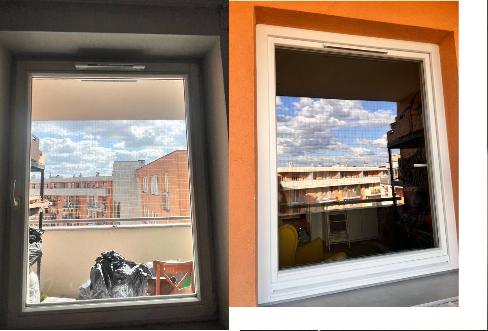 Zdjęcie okna balkonowego przed i po malowaniu. Po lewej surowe wykończenie, po prawej pomalowane na pomarańczowo z widokiem na miasto.