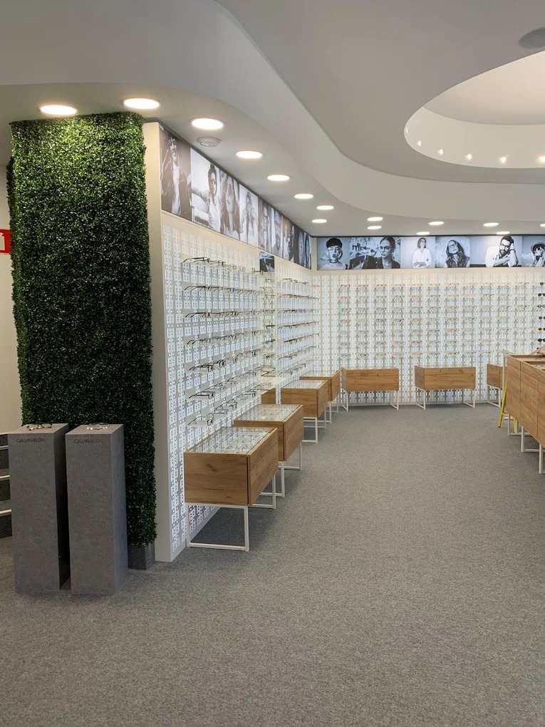 Wnętrze salonu optycznego z ekspozycją okularów na półkach i w gablotach. Element dekoracyjny z zieleni i portrety na ścianach. Stonowana kolorystyka.