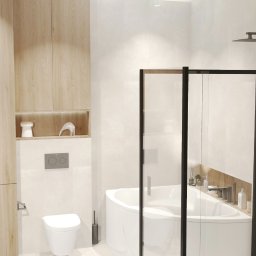 Projektowanie wnętrz Anna Żyjewska-Bas - Nowoczesna łazienka z drewnianymi szafkami, kabiną prysznicową typu walk-in i minimalistyczną toaletą. Uwagę zwracają detale, takie jak dekoracje w półce.