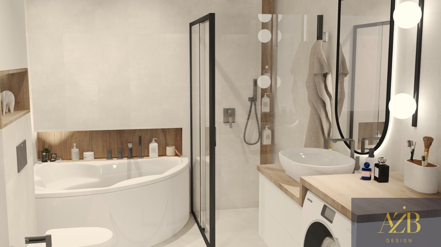 Nowoczesna aranżacja łazienki z okrągłą wanną, kabiną prysznicową i umywalką na blacie z pralką. Minimalistyczny design z elementami drewna.