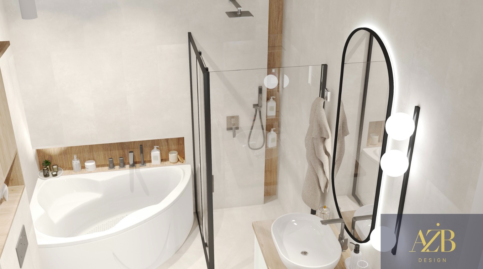 Jasna łazienka w minimalistycznym stylu z wanną, kabiną prysznicową i owalnym lustrem z podświetleniem LED. Elementy drewniane dodają ciepła. Widoczne logo projektanta.