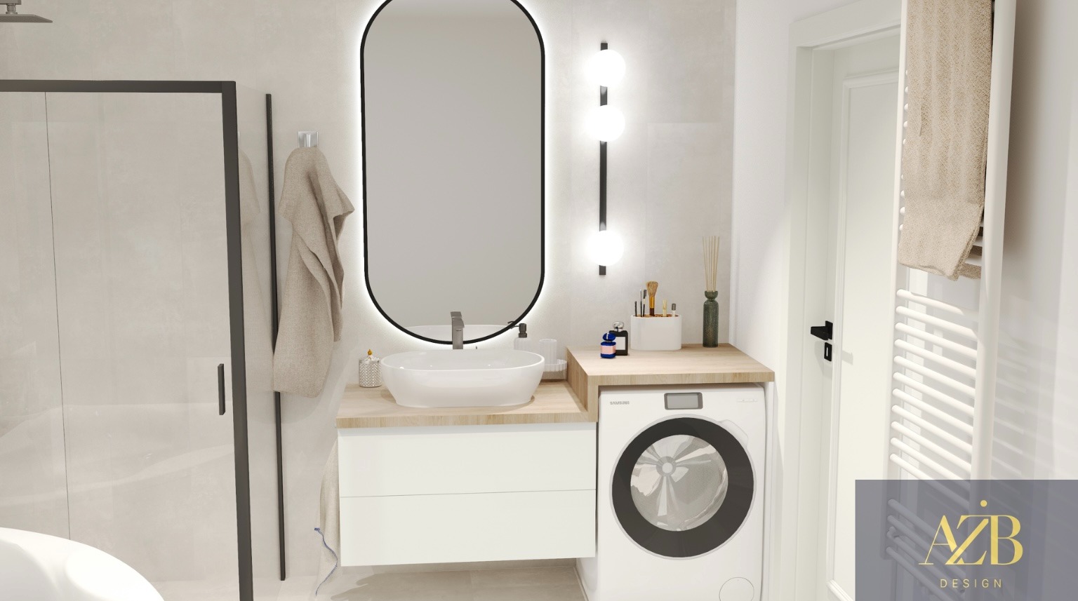 Nowoczesna łazienka z owalnym lustrem podświetlanym LED, białą umywalką nablatową i pralką w zabudowie. Minimalistyczny design z akcentami beżu.