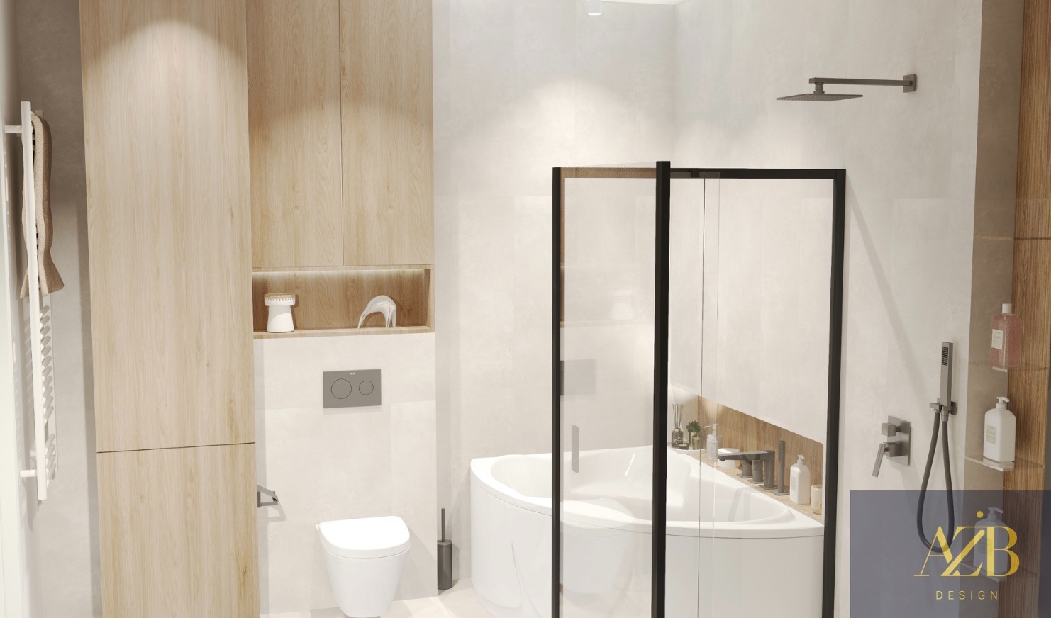 Nowoczesna łazienka z drewnianymi szafkami, kabiną prysznicową typu walk-in i minimalistyczną toaletą. Uwagę zwracają detale, takie jak dekoracje w półce.