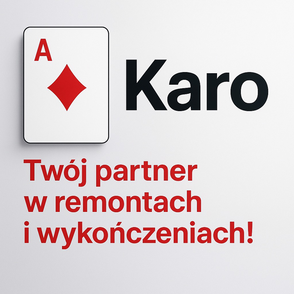 Grafika reklamowa firmy Karo: as karo, napis 'Karo' i hasło 'Twój partner w remontach i wykończeniach!' na jasnoszarym tle.