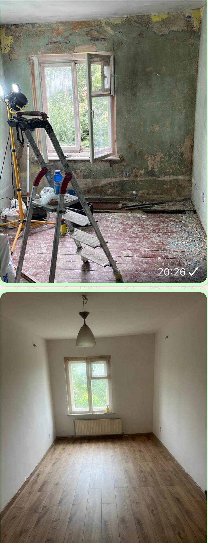 Zdjęcie 'przed i po' remontu pokoju: od surowych ścian z resztkami farby i starej podłogi do odnowionego wnętrza z gładkimi ścianami i nową podłogą.