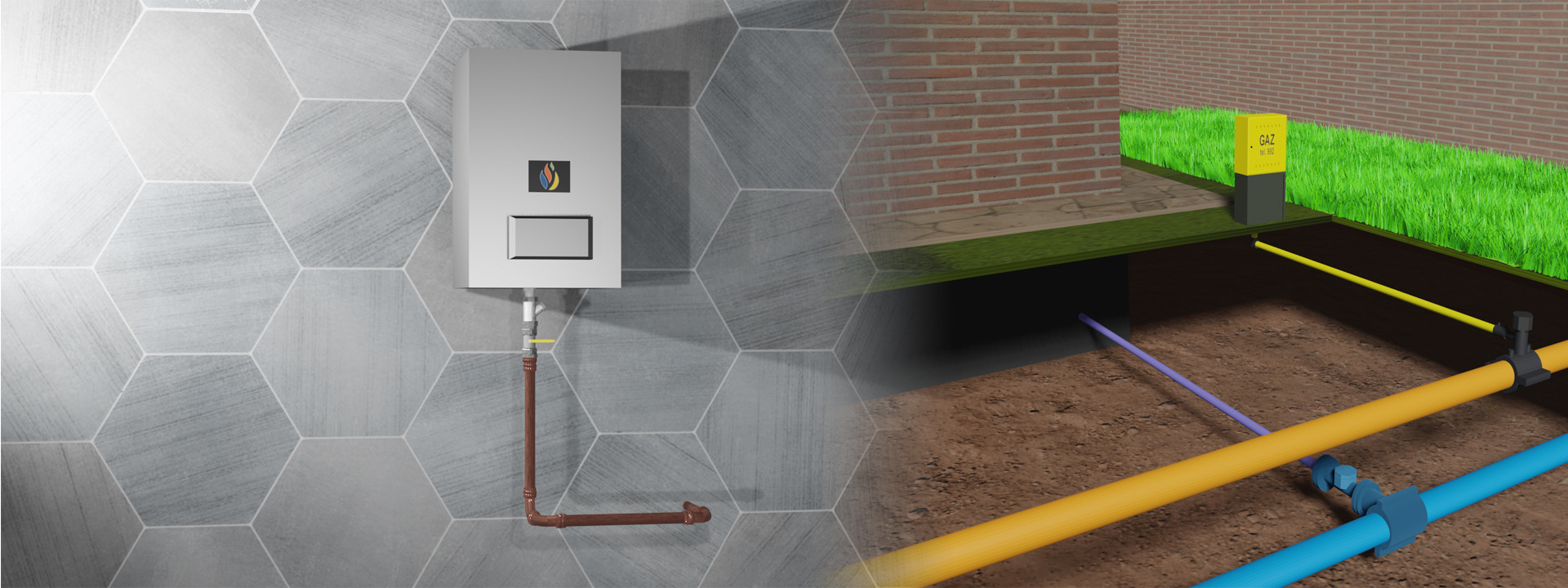 Schemat instalacji gazowej z piecem na tle heksagonalnych płytek i trawnika z oznaczeniem gazu. Widoczne rury w ziemi, przekrój gruntu. Wizualizacja 3D.