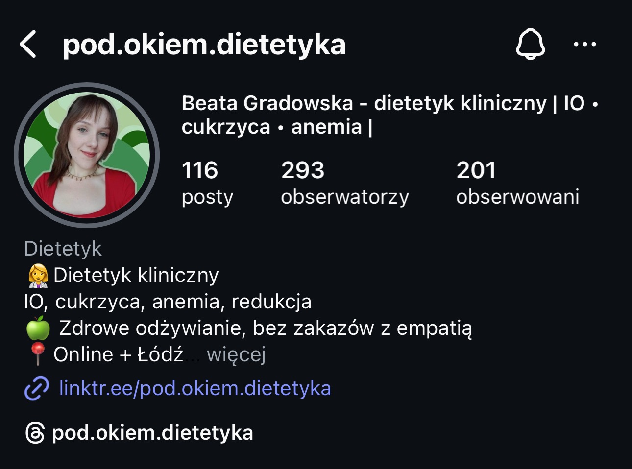 Profil dietetyczki Beaty Gradowskiej na Instagramie: zdjęcie profilowe, nazwa użytkownika, liczba postów, obserwatorów i obserwacji, opis specjalizacji i link do strony.
