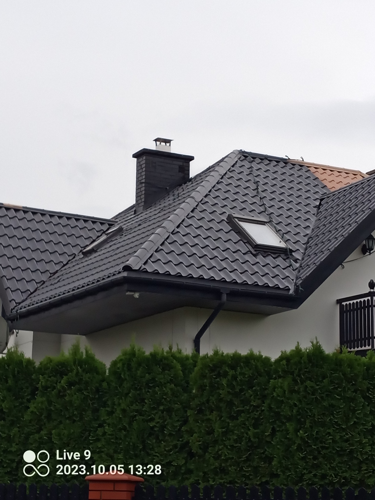 Ciemny dach z dachówką falistą i oknami połaciowymi, widoczny fragment elewacji i rynna. Na pierwszym planie żywopłot z tui.