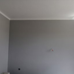 Usługi malarskie malowanie wnętrz - Ściana pomalowana na szaro z białą listwą sufitową w Olkuszu. Widoczne gniazdko elektryczne i wystające przewody. Świeżo po malowaniu.