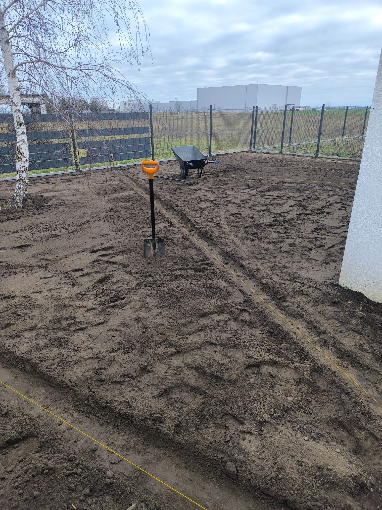 Przygotowany teren pod ogród z widoczną łopatą, taczką i wyznaczoną linią. W tle ogrodzenie i budynek. Etap przygotowania gleby przed założeniem ogrodu.