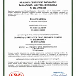 Skan certyfikatu zgodności zakładowej kontroli produkcji betonu towarowego firmy GRAPIST sp.j. z Inowłodza, ważny do 28.06.2024, z logo CWB i PCA.