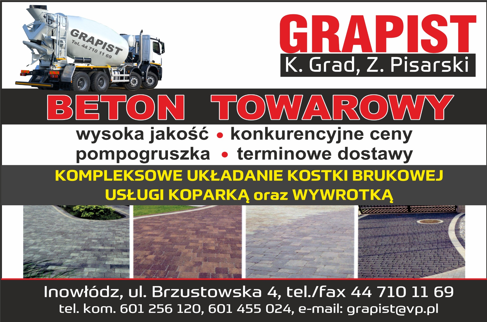 Reklama firmy Grapist z Inowłodza oferującej beton towarowy, układanie kostki brukowej i usługi koparką. Na grafice betonomieszarka i przykłady ułożonej kostki.