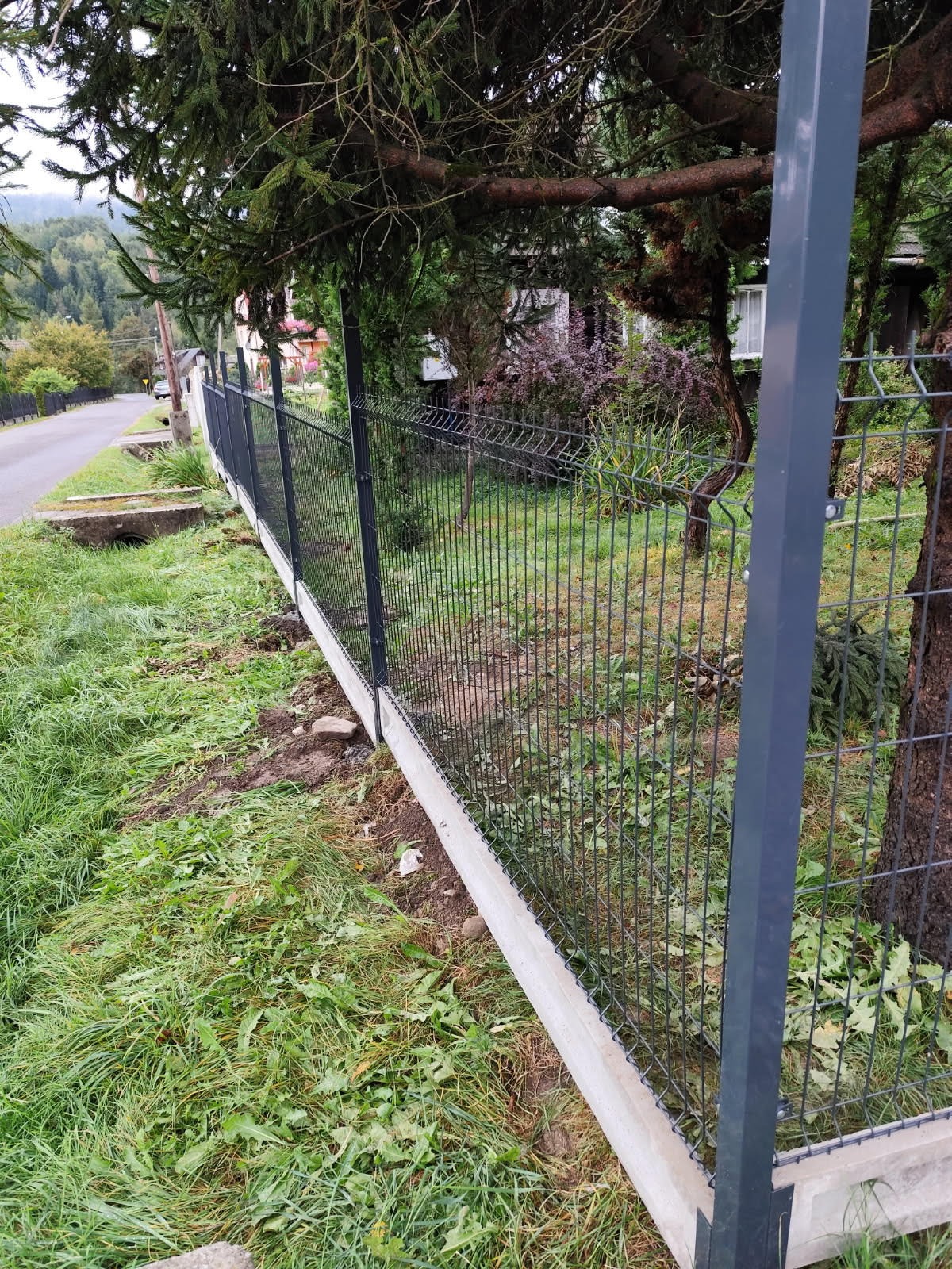 Nowoczesne ogrodzenie panelowe z podmurówką betonową, widoczne z perspektywy trawnika, w tle droga i zieleń. Słupki w kolorze grafitowym.