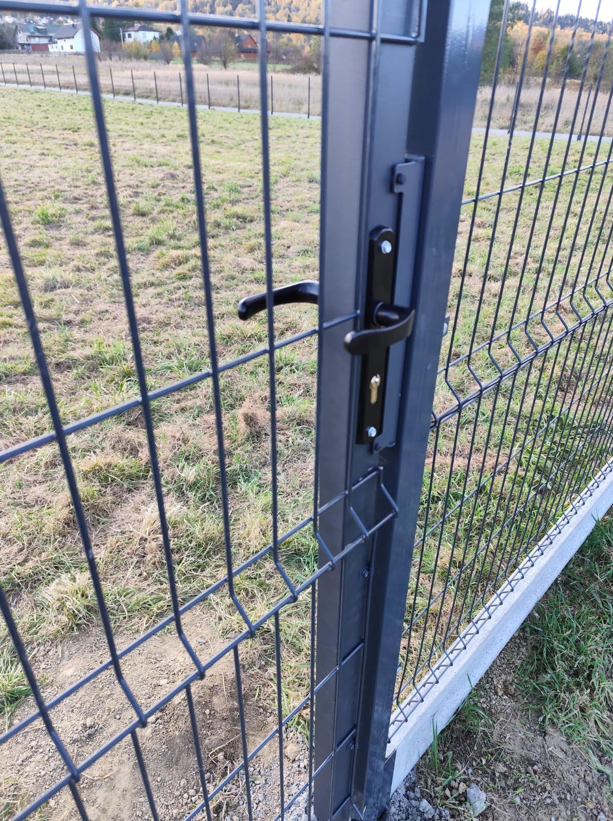 Grafitowa furtka z czarną klamką i zamkiem, część ogrodzenia panelowego na betonowej podmurówce. Widok na łąkę z drzewami w tle.