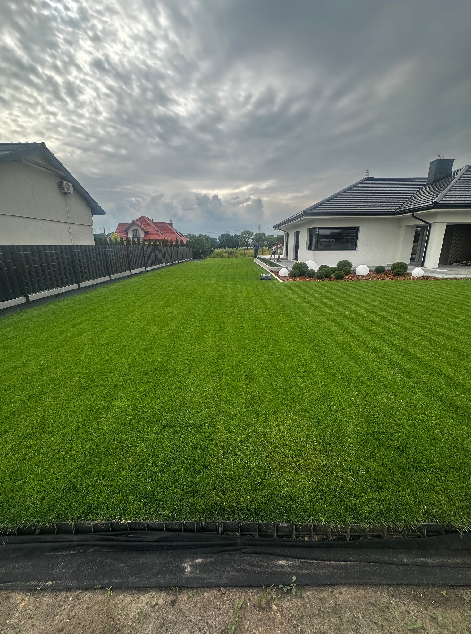 Perfekcyjnie skoszony trawnik z równymi pasami, robot koszący, nowoczesny dom z białymi kulami dekoracyjnymi i ciemne chmury na niebie.