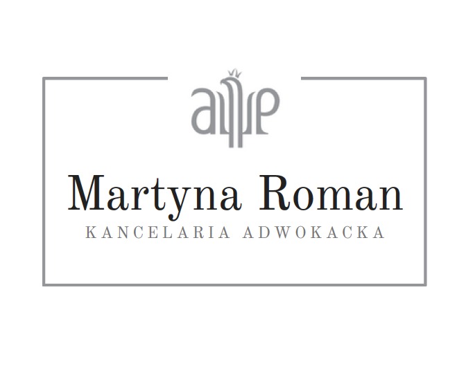 Eleganckie logo Kancelarii Adwokackiej Martyna Roman, z minimalistyczną grafiką i nazwą w stonowanej kolorystyce, umieszczone w prostokątnej ramce.