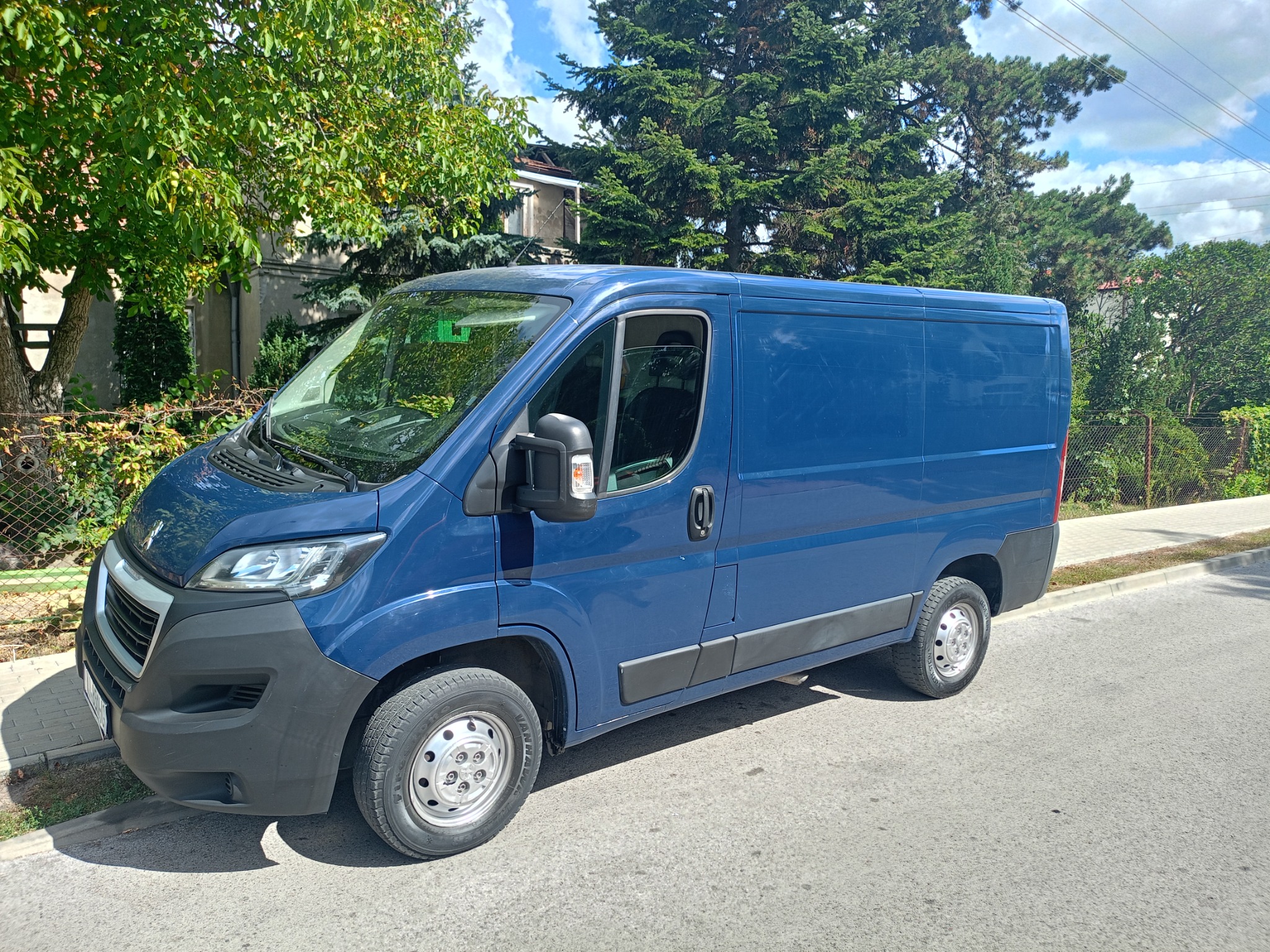Niebieski bus dostawczy Peugeot zaparkowany na ulicy, z zielenią drzew w tle i błękitnym niebem z chmurami. Widok z boku, w słoneczny dzień.