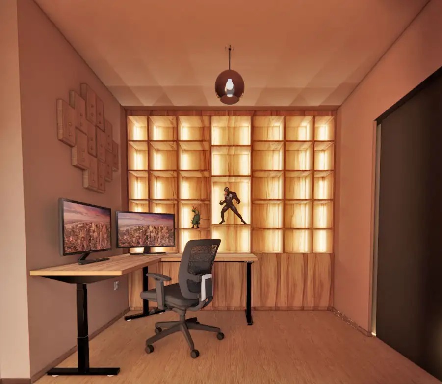 Projekt biura domowego z regałem do ekspozycji figurek kolekcjonerskich, podświetlenie LED, projekt w Gdańsku