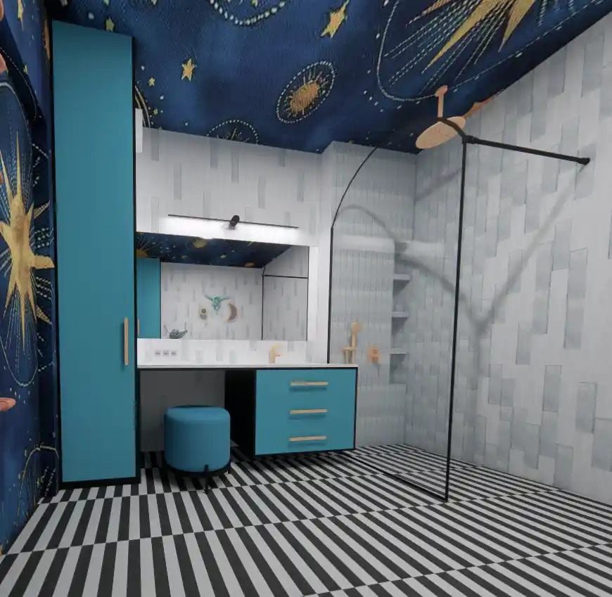 Projekt mieszkania w Bydgoszczy, łazienka z gwiezdnym muralem