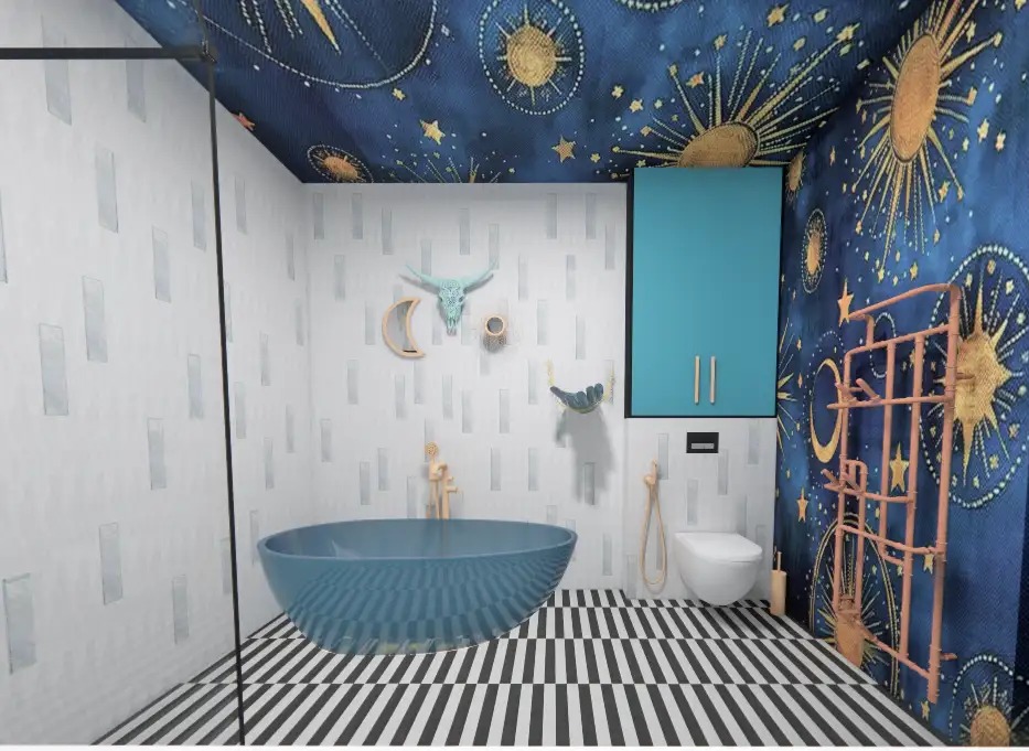 Wizualizacja łazienki z wanną w odcieniach błękitu, wzorzystą tapetą w motywy kosmiczne i czarno-białą podłogą w pasy. Dekoracje ścienne: czaszka byka, księżyc i abstrakcyjne formy.
