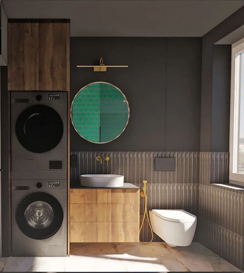 Projekt mieszkania w Gdańsku, łazienka w ciemnych kolorach