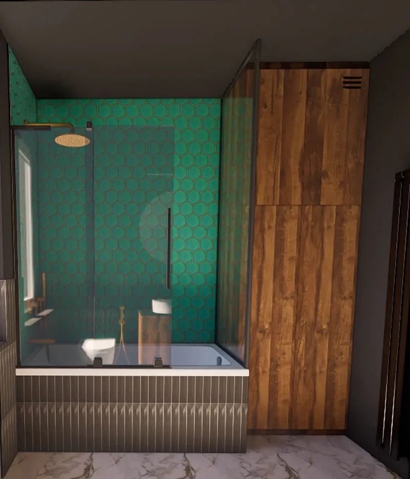 Projekt mieszkania w Gdańsku, łazienka w ciemnych kolorach i zabudową na wymiar