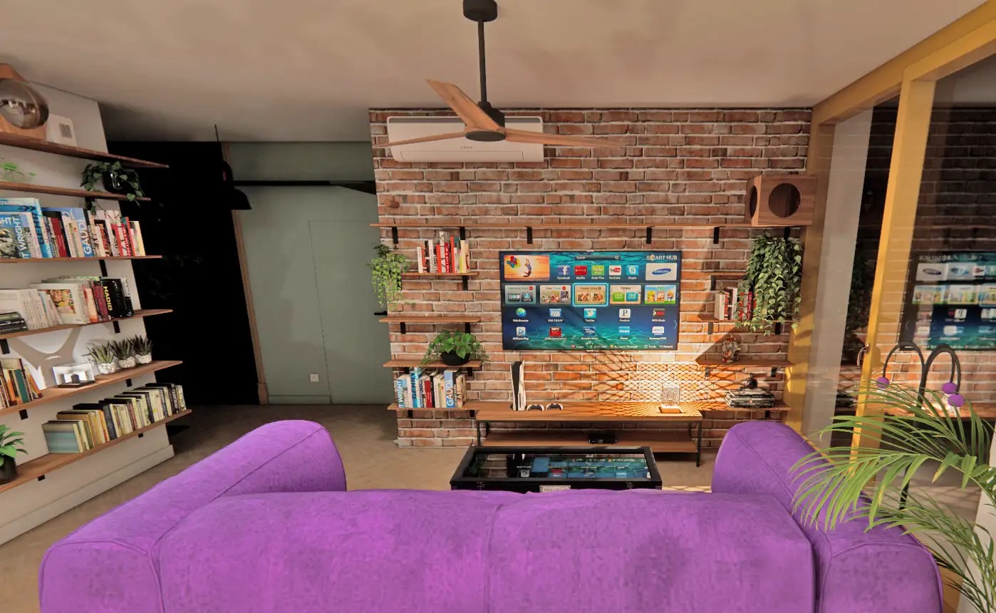 Projekt mieszkania w Bydgoszczy, ściana telewizyjna i kocia autostrada