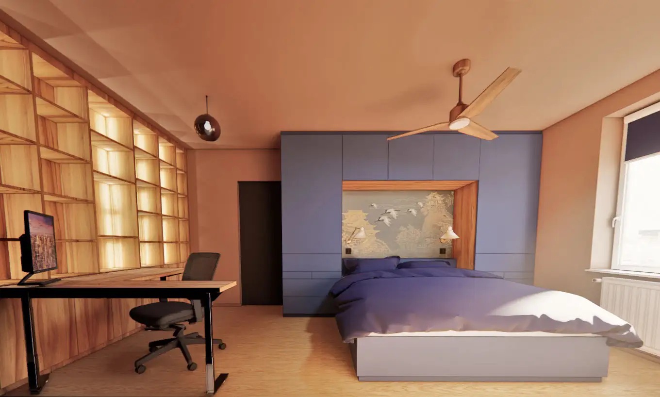 Projekt mieszkania w Bydgoszczy, sypialnia z domowym biurem, zabudowa na wymiar