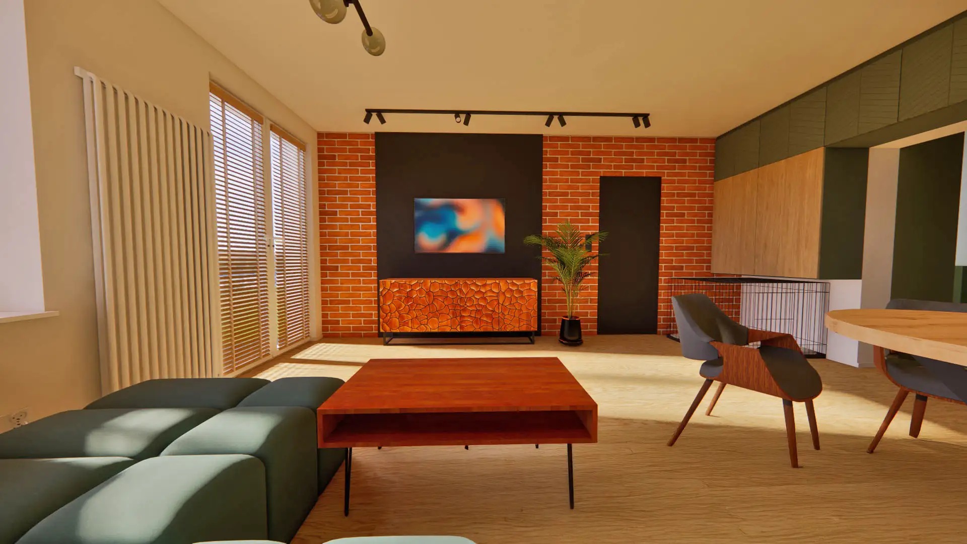 Projekt salonu w Gdańsku z ceglaną ścianą