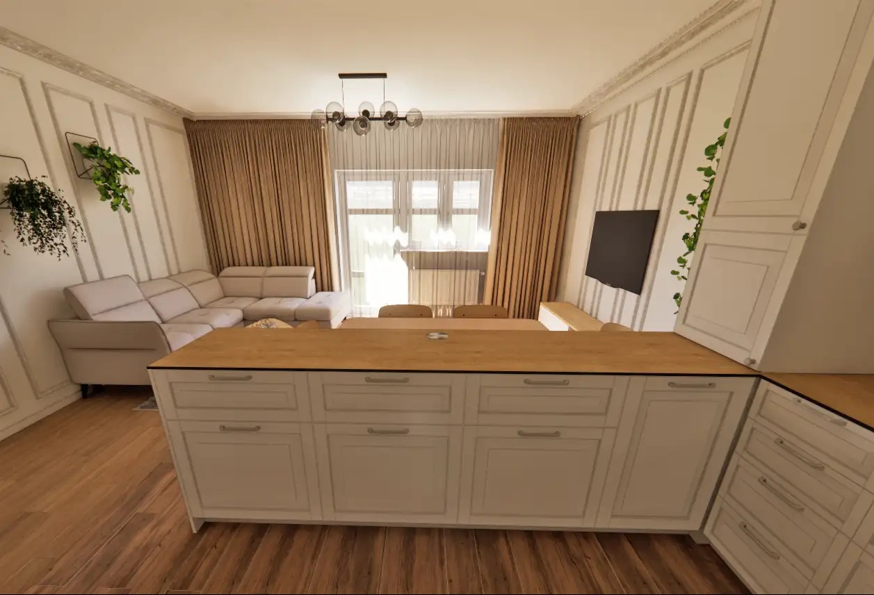 Projekt mieszkania w Toruniu, salon z aneksem kuchennym