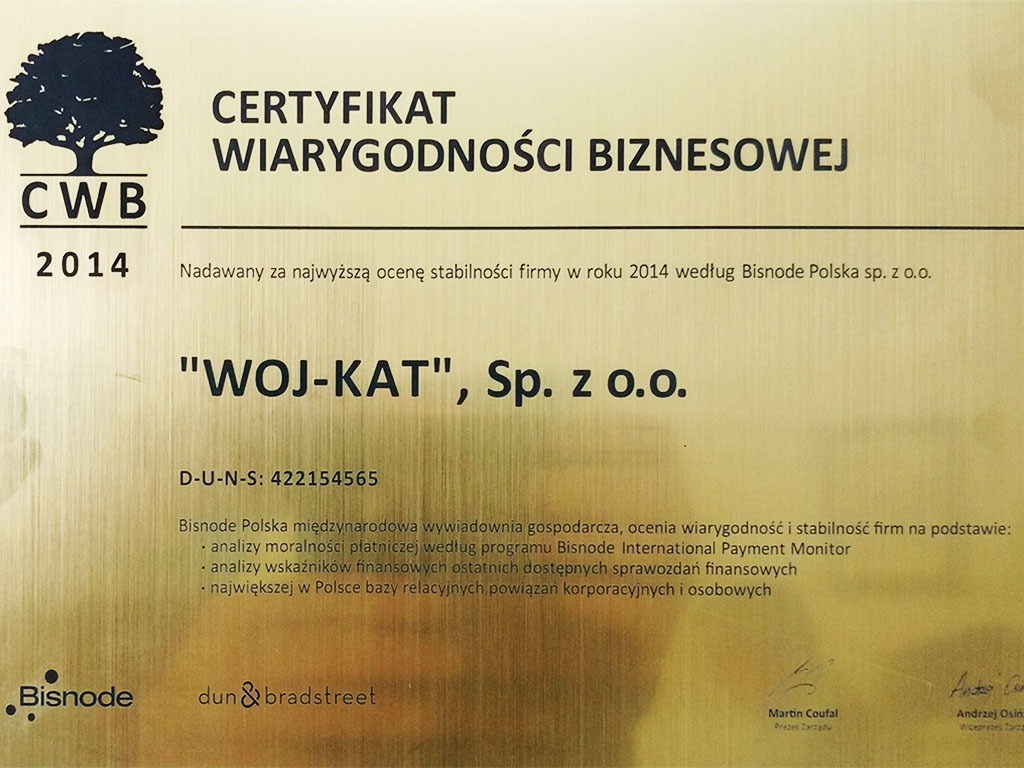 Certyfikat Wiarygodności Biznesowej 'WOJ-KAT' Sp. z o.o. z 2014 roku, nadany przez Bisnode Polska za najwyższą ocenę stabilności firmy. Widoczne logo Bisnode i Dun & Bradstreet.