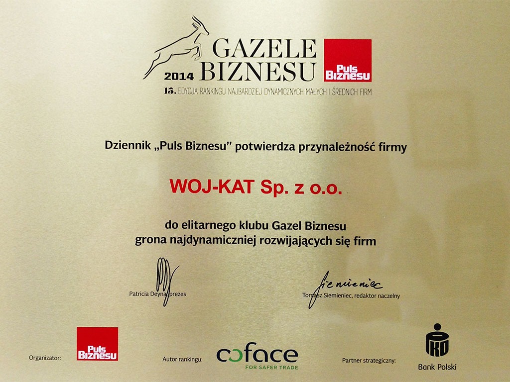 Certyfikat Gazele Biznesu 2014 dla WOJ-KAT Sp. z o.o. potwierdzony przez Dziennik Puls Biznesu. Sygnatury prezes i redaktora naczelnego. Logo Coface i Bank Polski.