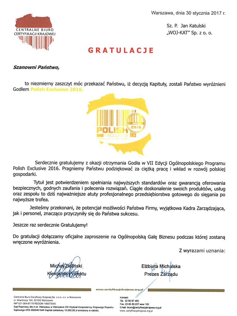 Gratulacje Polish Exclusive 2016 dla firmy z Jeleniej Góry. Pismo z wyróżnieniem za standardy i personel, z podpisami i zaproszeniem na galę biznesu.