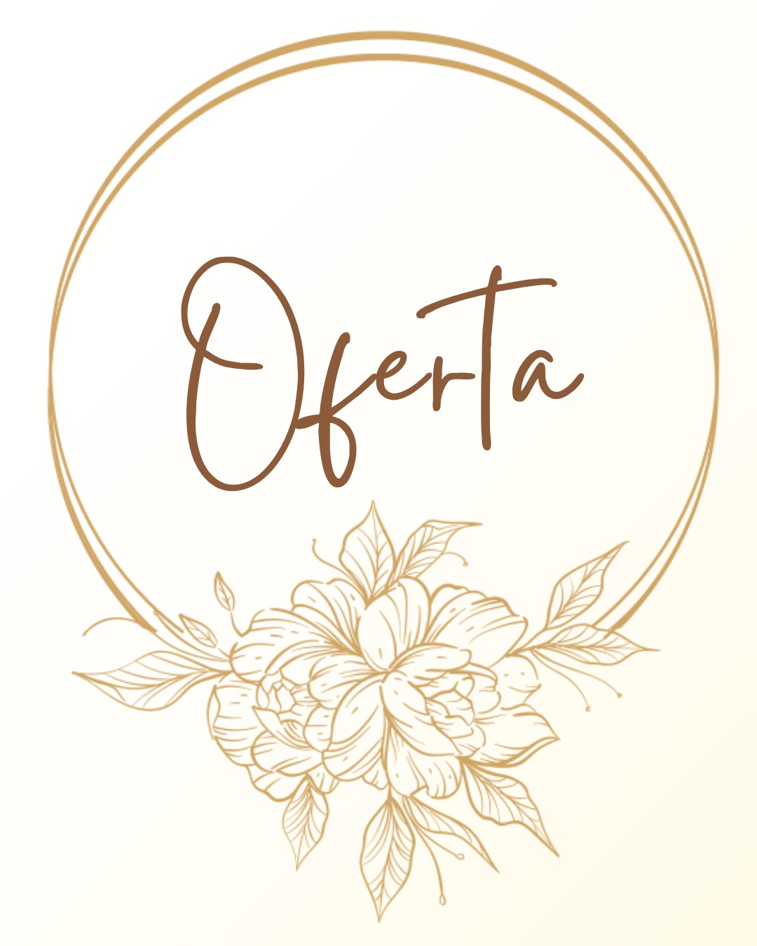 Grafika z napisem 'Oferta' w brązowym kolorze, umieszczonym w okręgu z motywem kwiatowym w odcieniach beżu i brązu na jasnym tle.
