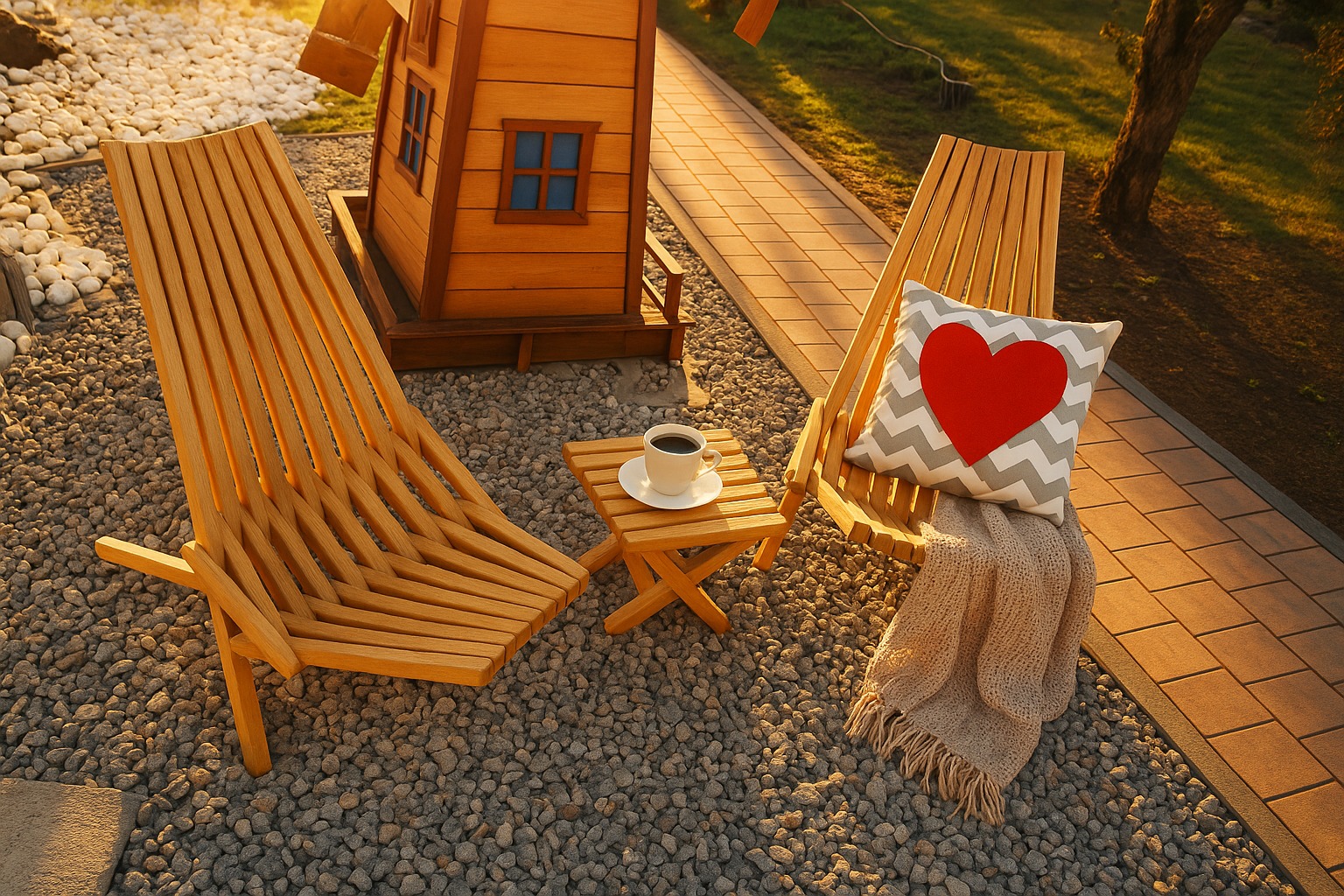Dwa drewniane leżaki z poduszką w serce i stolik kawowy z filiżanką, obok miniaturowego, drewnianego wiatraka, na tle kamiennej ścieżki i trawnika.