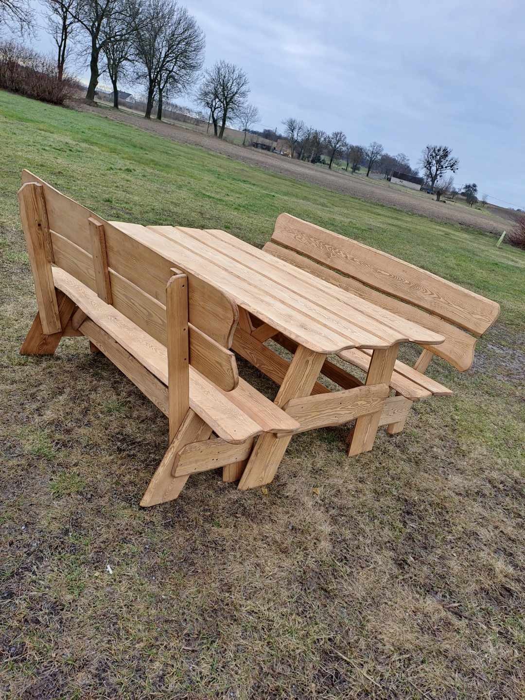 Drewniany stół piknikowy z ławkami, z surowego drewna, ustawiony na trawie, z drzewami w tle. Widok z boku, pochmurne niebo.