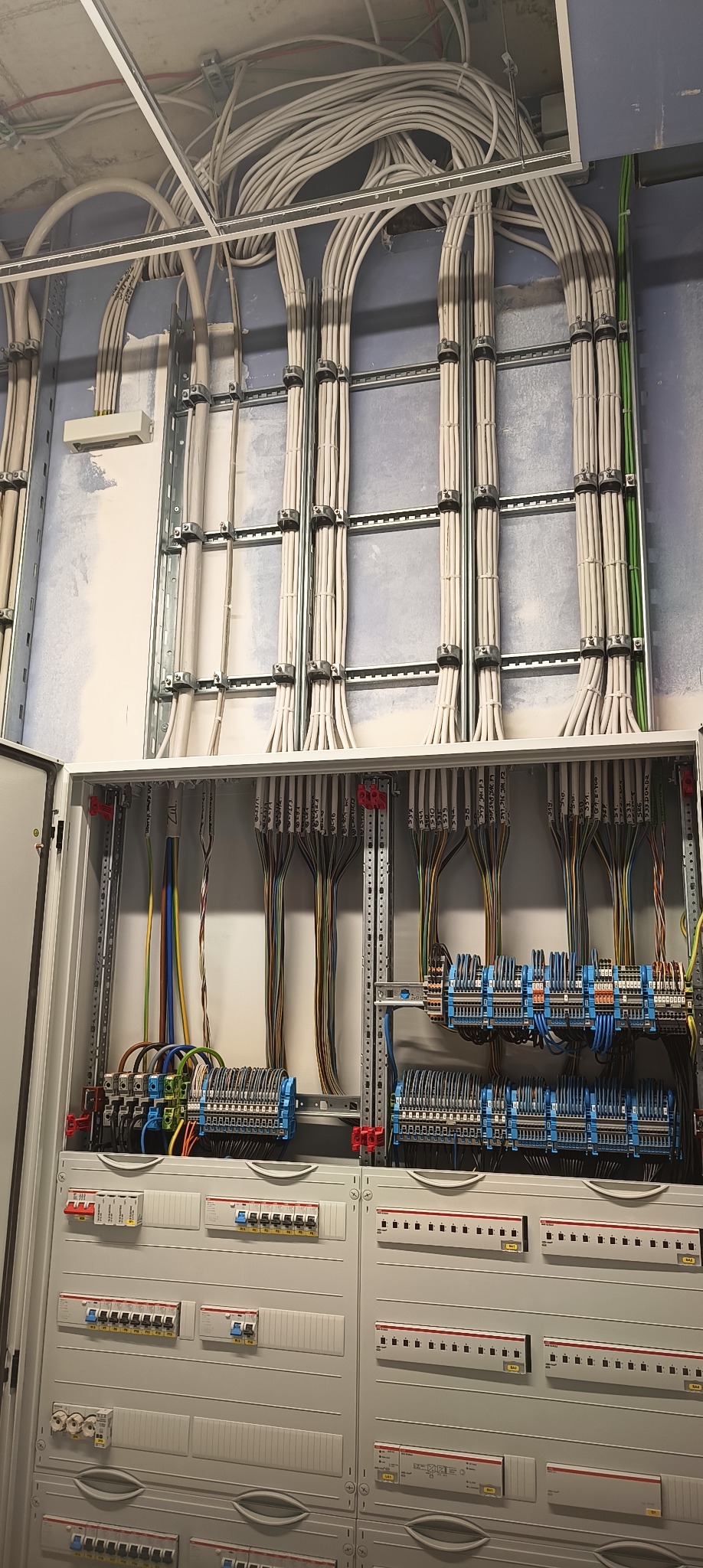 Rozbudowana instalacja elektryczna w rozdzielnicy z licznymi kablami, zabezpieczeniami i elementami łączeniowymi. Widoczne kable ułożone w korytach.