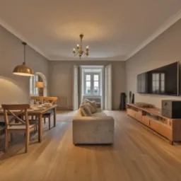 Jasne, przestronne wnętrze z drewnianą podłogą. Stół z krzesłami, sofa, szafka RTV i duży telewizor. Okno z białymi okiennicami w tle. Ciepłe oświetlenie.