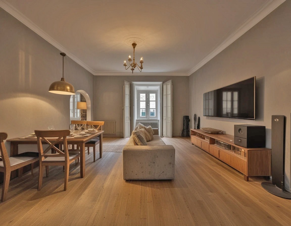 Jasne, przestronne wnętrze z drewnianą podłogą. Stół z krzesłami, sofa, szafka RTV i duży telewizor. Okno z białymi okiennicami w tle. Ciepłe oświetlenie.