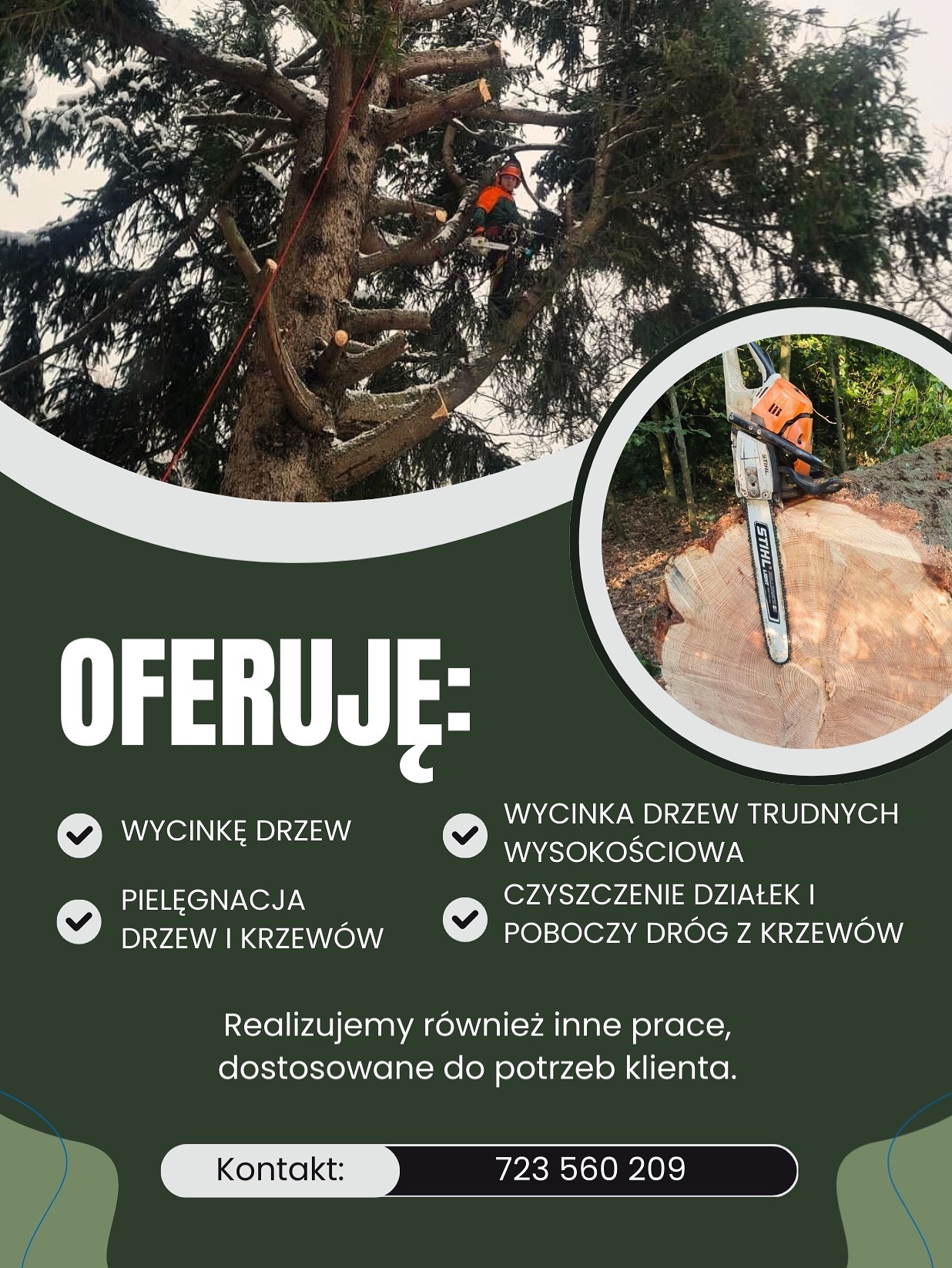 Arborysta w trakcie wycinki drzewa na wysokości, z bliska piła łańcuchowa Stihl na pniu. Oferta wycinki drzew trudnych i pielęgnacji zieleni.
