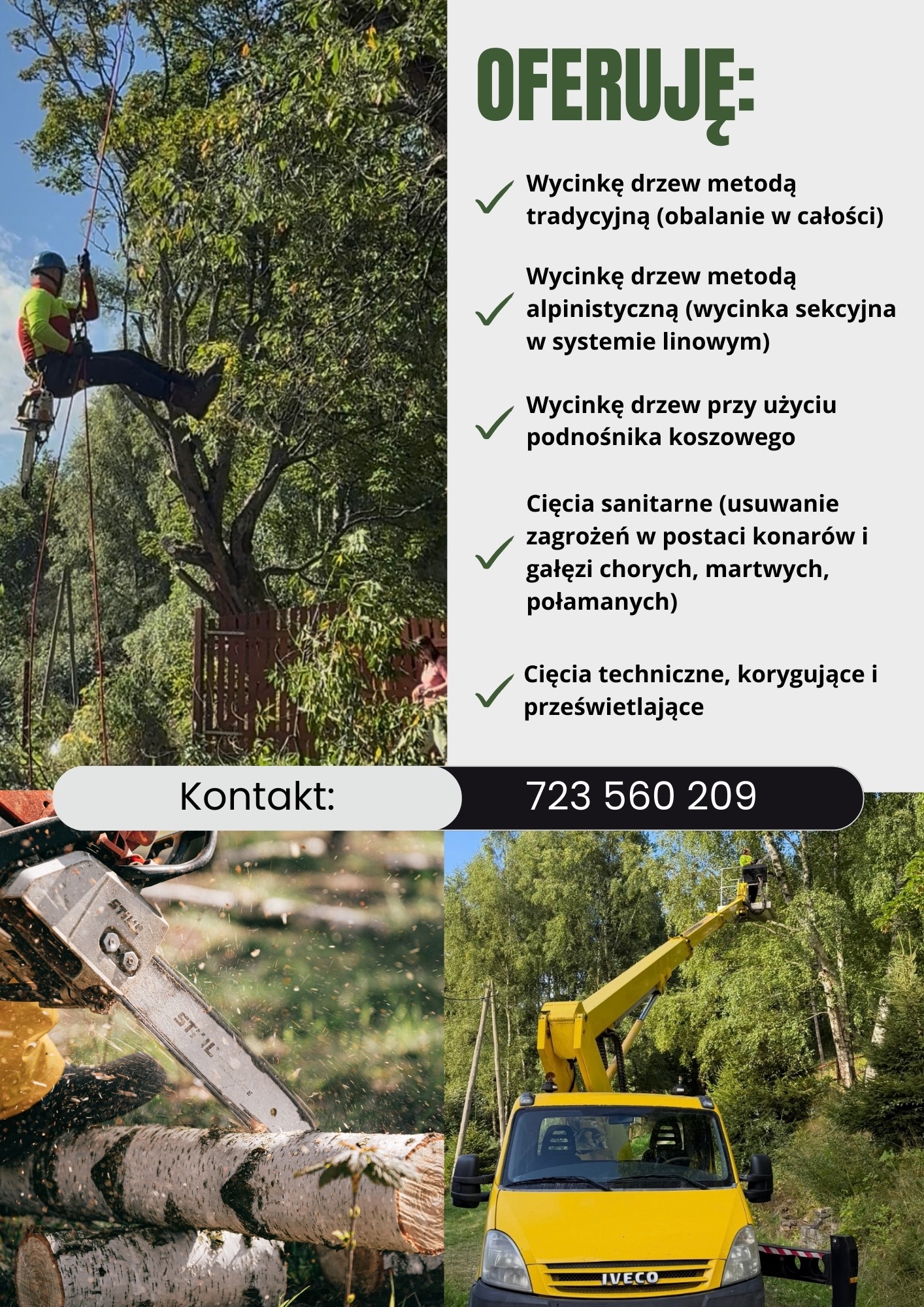 Arborysta w uprzęży tnie drzewo, obok podnośnik koszowy i ścięte drewno. Oferta obejmuje różne metody cięcia, w tym alpinistyczną i sanitarną.