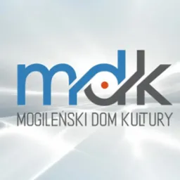 Profesjonalne logo Mogileńskiego Domu Kultury (MDK) na abstrakcyjnym, jasnym tle. Litery 'mdk' w kolorach niebieskim i szarym z pomarańczowym akcentem.